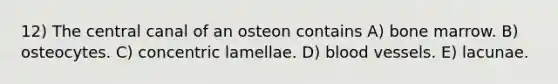 12) The central canal of an osteon contains A) bone marrow. B) osteocytes. C) concentric lamellae. D) blood vessels. E) lacunae.