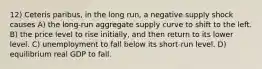 12) Ceteris paribus, in the long run, a negative supply shock causes A) the long-run aggregate supply curve to shift to the left. B) the price level to rise initially, and then return to its lower level. C) unemployment to fall below its short-run level. D) equilibrium real GDP to fall.