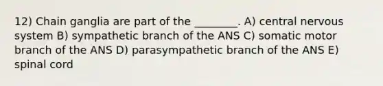 12) Chain ganglia are part of the ________. A) central nervous system B) sympathetic branch of the ANS C) somatic motor branch of the ANS D) parasympathetic branch of the ANS E) spinal cord