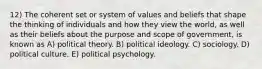 12) The coherent set or system of values and beliefs that shape the thinking of individuals and how they view the world, as well as their beliefs about the purpose and scope of government, is known as A) political theory. B) political ideology. C) sociology. D) political culture. E) political psychology.