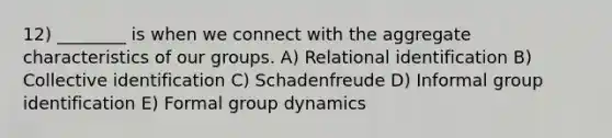 12) ________ is when we connect with the aggregate characteristics of our groups. A) Relational identification B) Collective identification C) Schadenfreude D) Informal group identification E) Formal group dynamics