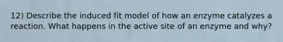 12) Describe the induced fit model of how an enzyme catalyzes a reaction. What happens in the active site of an enzyme and why?