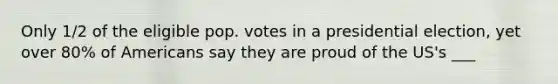 Only 1/2 of the eligible pop. votes in a presidential election, yet over 80% of Americans say they are proud of the US's ___