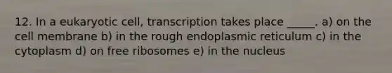 12. In a eukaryotic cell, transcription takes place _____. a) on the cell membrane b) in the rough endoplasmic reticulum c) in the cytoplasm d) on free ribosomes e) in the nucleus