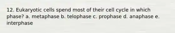 12. <a href='https://www.questionai.com/knowledge/kb526cpm6R-eukaryotic-cells' class='anchor-knowledge'>eukaryotic cells</a> spend most of their <a href='https://www.questionai.com/knowledge/keQNMM7c75-cell-cycle' class='anchor-knowledge'>cell cycle</a> in which phase? a. metaphase b. telophase c. prophase d. anaphase e. interphase