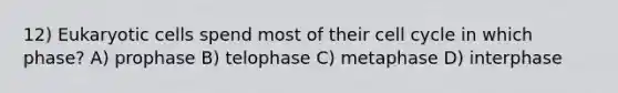 12) Eukaryotic cells spend most of their cell cycle in which phase? A) prophase B) telophase C) metaphase D) interphase