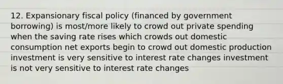 12. Expansionary fiscal policy (financed by government borrowing) is most/more likely to crowd out private spending when the saving rate rises which crowds out domestic consumption net exports begin to crowd out domestic production investment is very sensitive to interest rate changes investment is not very sensitive to interest rate changes