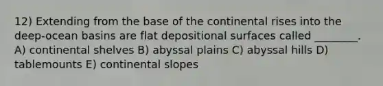 12) Extending from the base of the continental rises into the deep-ocean basins are flat depositional surfaces called ________. A) continental shelves B) abyssal plains C) abyssal hills D) tablemounts E) continental slopes