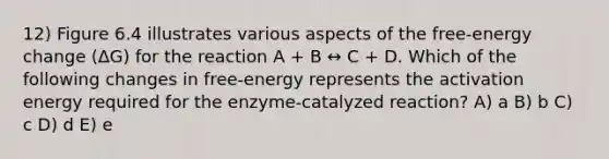 12) Figure 6.4 illustrates various aspects of the free-energy change (ΔG) for the reaction A + B ↔ C + D. Which of the following changes in free-energy represents the activation energy required for the enzyme-catalyzed reaction? A) a B) b C) c D) d E) e