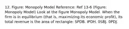 12. Figure: Monopoly Model Reference: Ref 13-6 (Figure: Monopoly Model) Look at the figure Monopoly Model. When the firm is in equilibrium (that is, maximizing its economic profit), its total revenue is the area of rectangle: SPDB. IPDH. 0SBJ. 0PDJ.