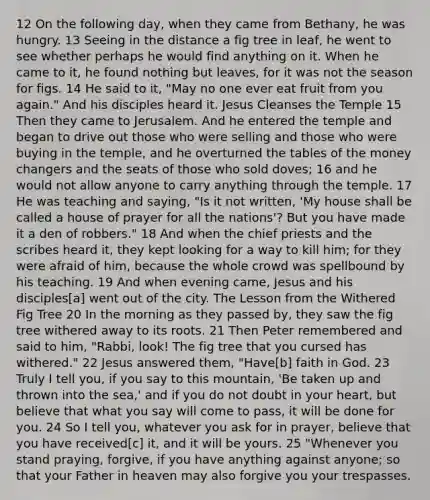 12 On the following day, when they came from Bethany, he was hungry. 13 Seeing in the distance a fig tree in leaf, he went to see whether perhaps he would find anything on it. When he came to it, he found nothing but leaves, for it was not the season for figs. 14 He said to it, "May no one ever eat fruit from you again." And his disciples heard it. Jesus Cleanses the Temple 15 Then they came to Jerusalem. And he entered the temple and began to drive out those who were selling and those who were buying in the temple, and he overturned the tables of the money changers and the seats of those who sold doves; 16 and he would not allow anyone to carry anything through the temple. 17 He was teaching and saying, "Is it not written, 'My house shall be called a house of prayer for all the nations'? But you have made it a den of robbers." 18 And when the chief priests and the scribes heard it, they kept looking for a way to kill him; for they were afraid of him, because the whole crowd was spellbound by his teaching. 19 And when evening came, Jesus and his disciples[a] went out of the city. The Lesson from the Withered Fig Tree 20 In the morning as they passed by, they saw the fig tree withered away to its roots. 21 Then Peter remembered and said to him, "Rabbi, look! The fig tree that you cursed has withered." 22 Jesus answered them, "Have[b] faith in God. 23 Truly I tell you, if you say to this mountain, 'Be taken up and thrown into the sea,' and if you do not doubt in your heart, but believe that what you say will come to pass, it will be done for you. 24 So I tell you, whatever you ask for in prayer, believe that you have received[c] it, and it will be yours. 25 "Whenever you stand praying, forgive, if you have anything against anyone; so that your Father in heaven may also forgive you your trespasses.