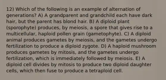 12) Which of the following is an example of alternation of generations? A) A grandparent and grandchild each have dark hair, but the parent has blond hair. B) A diploid plant (sporophyte) produces, by meiosis, a spore that gives rise to a multicellular, haploid pollen grain (gametophyte). C) A diploid animal produces gametes by meiosis, and the gametes undergo fertilization to produce a diploid zygote. D) A haploid mushroom produces gametes by mitosis, and the gametes undergo fertilization, which is immediately followed by meiosis. E) A diploid cell divides by mitosis to produce two diploid daughter cells, which then fuse to produce a tetraploid cell.