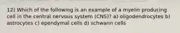 12) Which of the following is an example of a myelin producing cell in the central nervous system (CNS)? a) oligodendrocytes b) astrocytes c) ependymal cells d) schwann cells