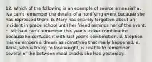 12. Which of the following is an example of source amnesia? a. Iva can't remember the details of a horrifying event because she has repressed them. b. Mary has entirely forgotten about an incident in grade school until her friend reminds her of the event. c. Michael can't remember this year's locker combination because he confuses it with last year's combination. d. Stephen misremembers a dream as something that really happened. e. Anna, who is trying to lose weight, is unable to remember several of the between-meal snacks she had yesterday.