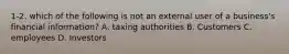 1-2. which of the following is not an external user of a business's financial information? A. taxing authorities B. Customers C. employees D. Investors