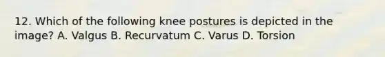 12. Which of the following knee postures is depicted in the image? A. Valgus B. Recurvatum C. Varus D. Torsion