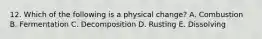 12. Which of the following is a physical change? A. Combustion B. Fermentation C. Decomposition D. Rusting E. Dissolving