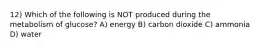 12) Which of the following is NOT produced during the metabolism of glucose? A) energy B) carbon dioxide C) ammonia D) water