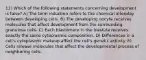 12) Which of the following statements concerning development is false? A) The term induction refers to the chemical interplay between developing cells. B) The developing oocyte receives molecules that affect development from the surrounding granulosa cells. C) Each blastomere in the blastula receives exactly the same cytoplasmic composition. D) Differences in a cell's cytoplasmic makeup affect the cell's genetic activity. E) Cells release molecules that affect the developmental process of neighboring cells.