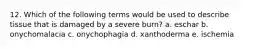 12. Which of the following terms would be used to describe tissue that is damaged by a severe burn? a. eschar b. onychomalacia c. onychophagia d. xanthoderma e. ischemia