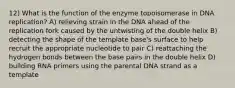 12) What is the function of the enzyme topoisomerase in DNA replication? A) relieving strain in the DNA ahead of the replication fork caused by the untwisting of the double helix B) detecting the shape of the template base's surface to help recruit the appropriate nucleotide to pair C) reattaching the hydrogen bonds between the base pairs in the double helix D) building RNA primers using the parental DNA strand as a template