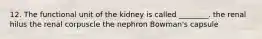 12. The functional unit of the kidney is called ________. the renal hilus the renal corpuscle the nephron Bowman's capsule