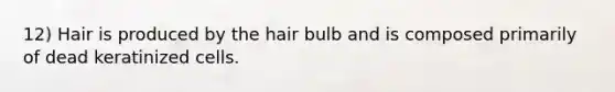 12) Hair is produced by the hair bulb and is composed primarily of dead keratinized cells.