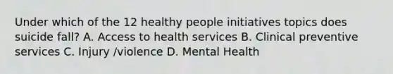 Under which of the 12 healthy people initiatives topics does suicide fall? A. Access to health services B. Clinical preventive services C. Injury /violence D. Mental Health