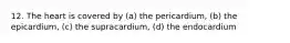 12. The heart is covered by (a) the pericardium, (b) the epicardium, (c) the supracardium, (d) the endocardium