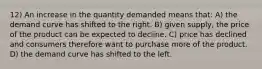 12) An increase in the quantity demanded means that: A) the demand curve has shifted to the right. B) given supply, the price of the product can be expected to decline. C) price has declined and consumers therefore want to purchase more of the product. D) the demand curve has shifted to the left.