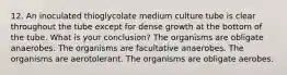 12. An inoculated thioglycolate medium culture tube is clear throughout the tube except for dense growth at the bottom of the tube. What is your conclusion? The organisms are obligate anaerobes. The organisms are facultative anaerobes. The organisms are aerotolerant. The organisms are obligate aerobes.