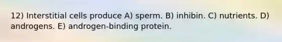 12) Interstitial cells produce A) sperm. B) inhibin. C) nutrients. D) androgens. E) androgen-binding protein.