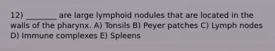 12) ________ are large lymphoid nodules that are located in the walls of the pharynx. A) Tonsils B) Peyer patches C) Lymph nodes D) Immune complexes E) Spleens