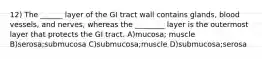 12) The ______ layer of the GI tract wall contains glands, blood vessels, and nerves, whereas the ________ layer is the outermost layer that protects the GI tract. A)mucosa; muscle B)serosa;submucosa C)submucosa;muscle D)submucosa;serosa