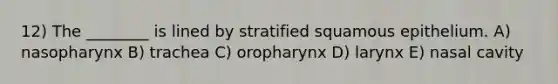 12) The ________ is lined by stratified squamous epithelium. A) nasopharynx B) trachea C) oropharynx D) larynx E) nasal cavity