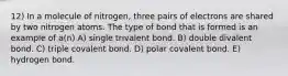 12) In a molecule of nitrogen, three pairs of electrons are shared by two nitrogen atoms. The type of bond that is formed is an example of a(n) A) single trivalent bond. B) double divalent bond. C) triple covalent bond. D) polar covalent bond. E) hydrogen bond.