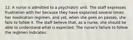 12. A nurse is admitted to a psychiatric unit. The staff expresses frustration with her because they have explained several times her medication regimen, and yet, when she goes on passes, she fails to follow it. The staff believe that, as a nurse, she should be able to understand what is expected. The nurse's failure to follow the regimen indicates: