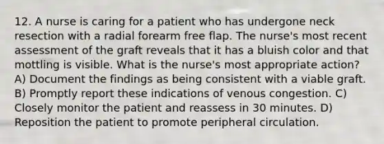 12. A nurse is caring for a patient who has undergone neck resection with a radial forearm free flap. The nurse's most recent assessment of the graft reveals that it has a bluish color and that mottling is visible. What is the nurse's most appropriate action? A) Document the findings as being consistent with a viable graft. B) Promptly report these indications of venous congestion. C) Closely monitor the patient and reassess in 30 minutes. D) Reposition the patient to promote peripheral circulation.