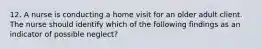 12. A nurse is conducting a home visit for an older adult client. The nurse should identify which of the following findings as an indicator of possible neglect?