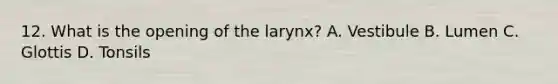 12. What is the opening of the larynx? A. Vestibule B. Lumen C. Glottis D. Tonsils