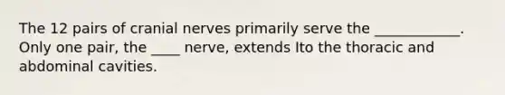 The 12 pairs of cranial nerves primarily serve the ____________. Only one pair, the ____ nerve, extends Ito the thoracic and abdominal cavities.