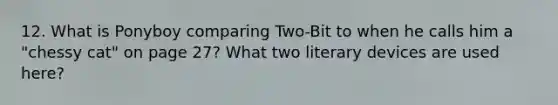 12. What is Ponyboy comparing Two-Bit to when he calls him a "chessy cat" on page 27? What two literary devices are used here?