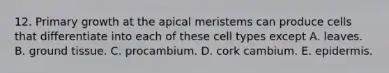 12. Primary growth at the apical meristems can produce cells that differentiate into each of these cell types except A. leaves. B. ground tissue. C. procambium. D. cork cambium. E. epidermis.