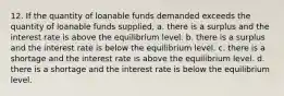 12. If the quantity of loanable funds demanded exceeds the quantity of loanable funds supplied, a. there is a surplus and the interest rate is above the equilibrium level. b. there is a surplus and the interest rate is below the equilibrium level. c. there is a shortage and the interest rate is above the equilibrium level. d. there is a shortage and the interest rate is below the equilibrium level.