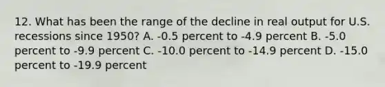 12. What has been the range of the decline in real output for U.S. recessions since 1950? A. -0.5 percent to -4.9 percent B. -5.0 percent to -9.9 percent C. -10.0 percent to -14.9 percent D. -15.0 percent to -19.9 percent