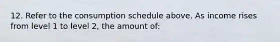 12. Refer to the consumption schedule above. As income rises from level 1 to level 2, the amount of: