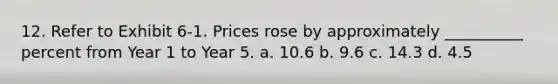 12. Refer to Exhibit 6-1. Prices rose by approximately __________ percent from Year 1 to Year 5. a. 10.6 b. 9.6 c. 14.3 d. 4.5