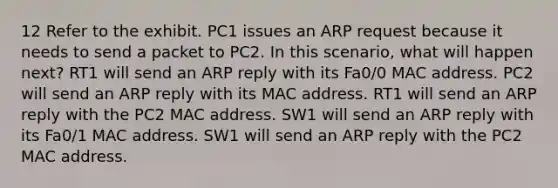 12 Refer to the exhibit. PC1 issues an ARP request because it needs to send a packet to PC2. In this scenario, what will happen next?​ RT1 will send an ARP reply with its Fa0/0 MAC address.​ PC2 will send an ARP reply with its MAC address. RT1 will send an ARP reply with the PC2 MAC address.​ SW1 will send an ARP reply with its Fa0/1 MAC address.​ SW1 will send an ARP reply with the PC2 MAC address.​