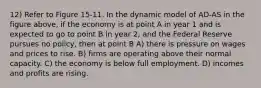 12) Refer to Figure 15-11. In the dynamic model of AD-AS in the figure above, if the economy is at point A in year 1 and is expected to go to point B in year 2, and the Federal Reserve pursues no policy, then at point B A) there is pressure on wages and prices to rise. B) firms are operating above their normal capacity. C) the economy is below full employment. D) incomes and profits are rising.