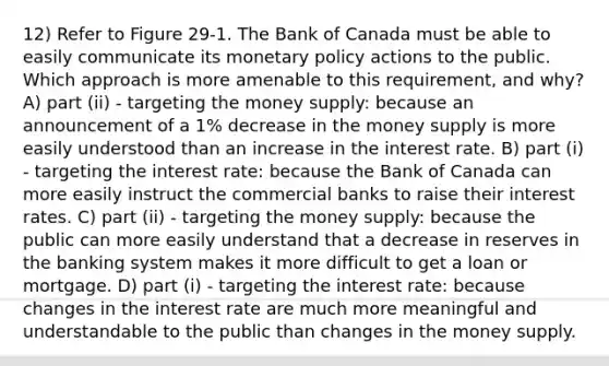 12) Refer to Figure 29-1. The Bank of Canada must be able to easily communicate its monetary policy actions to the public. Which approach is more amenable to this requirement, and why? A) part (ii) - targeting the money supply: because an announcement of a 1% decrease in the money supply is more easily understood than an increase in the interest rate. B) part (i) - targeting the interest rate: because the Bank of Canada can more easily instruct the commercial banks to raise their interest rates. C) part (ii) - targeting the money supply: because the public can more easily understand that a decrease in reserves in the banking system makes it more difficult to get a loan or mortgage. D) part (i) - targeting the interest rate: because changes in the interest rate are much more meaningful and understandable to the public than changes in the money supply.